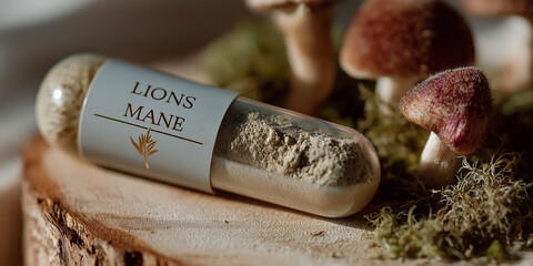 Capsule of lion's mane mushroom on wood platform with small mushrooms in the background