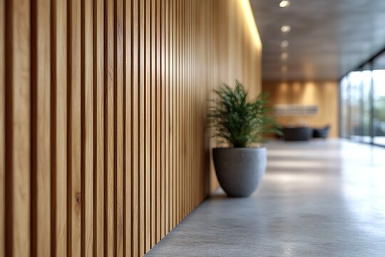 Modern office corridor with wooden wall panels and potted plant in a sleek gray floor hallway