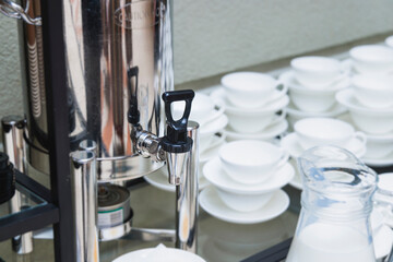 Set of coffee break lunch in the hotel restaurant during conference meeting, with tea and coffee...