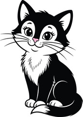 Obraz premium Cute black and white cartoon cat illustration, smiling kitten character design, adorable pet mascot vector artwork for kids