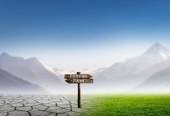 Fototapeta premium Abstrakcyjna zmiana klimatu w wyimaginowanym krajobrazie ze znakiem głoszącym „Przyszłość, przeszłość”.