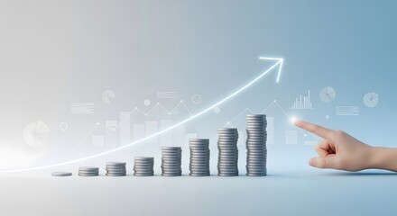 Financial growth concept with stacks of coins and ascending trend line