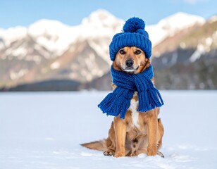 Dog in winter clothing sitting outdoors.