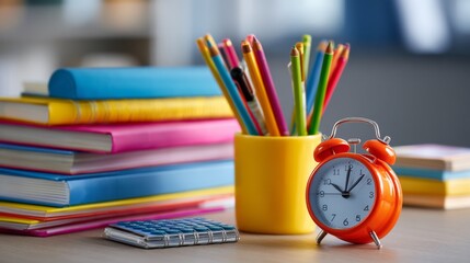 Colorful Study Desk Scene with Back to School Supplies, Alarm Clock, Calculator, and Notebooks Creating an Engaging Learning Environment
