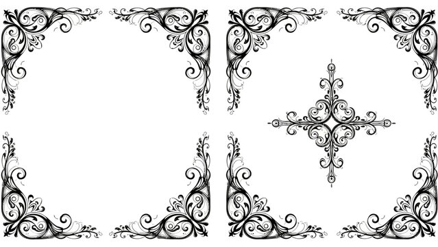 Set of Vintage Ornate Corner and Center Design Elements, Elegant Baroque Scrolls and Flourishes, isolated white background.