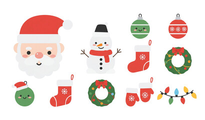 Fototapeta premium Playful Christmas illustration set with Santa snowman and festive holiday icons isolated on transparent background