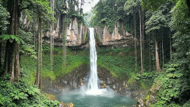 Exploring a Lush Forest Waterfall in a Serene Natural Paradise