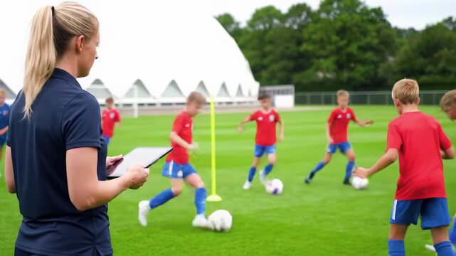 stable, eye-level wide video of a blonde female coach in navy polo observing young male soccer players in red and blue dribbling white balls on a green field with a white dome, concept of disciplined