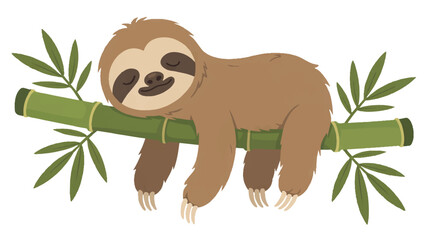 Fototapeta premium A cute cartoon illustration of a sleeping sloth resting on a green bamboo branch (1)_traced