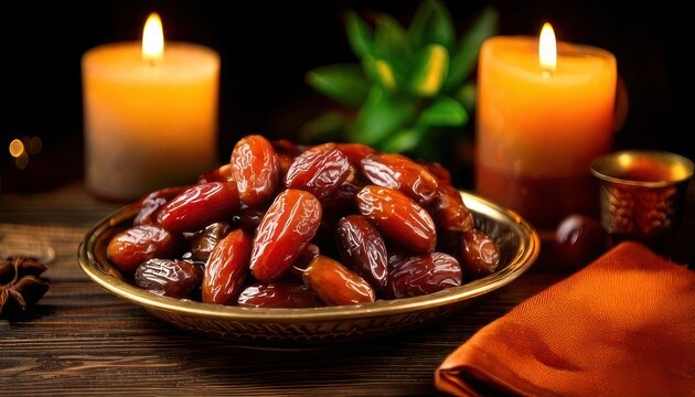 Dates on a Plate with Candles - A Warm and Inviting Scene.