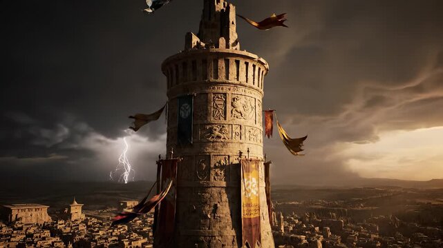 tower rises above stone city. banner and flag hang from weathered battlement. bird circles near lightning during storm. sky glows with sunset hues over ancient rooftops. banner texture etched aged.