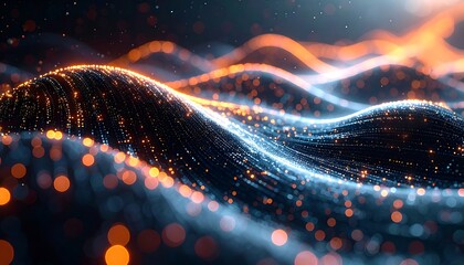 Digital Abstract: An abstract digital depiction of flowing waves, highlighted with radiant orange and blue lights, evoking the essence of advanced technology and the interconnected digital world.
