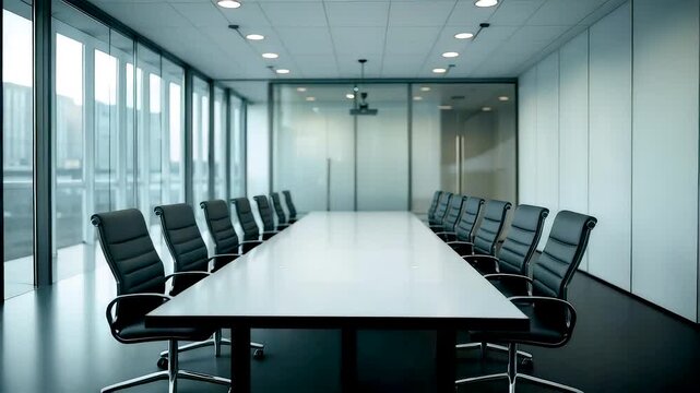 Modern corporate boardroom with long conference table black executive chairs glass walls daylight creating clean professional business meeting space