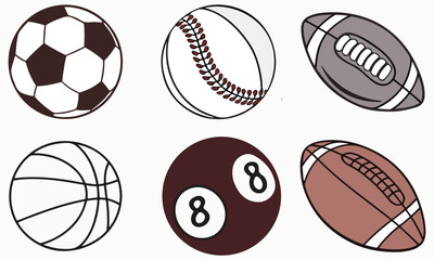 Fototapeta premium Sports Ball Clipart Collection – Soccer, Baseball, Football, Basketball, Volleyball & Pool Ball Illustrations .