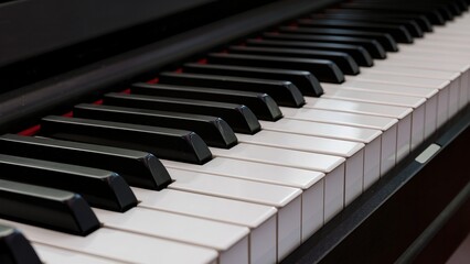 Naklejka premium Black and white photo of piano keyboard, soft light highlighting textures, blurred edges fading into darkness.