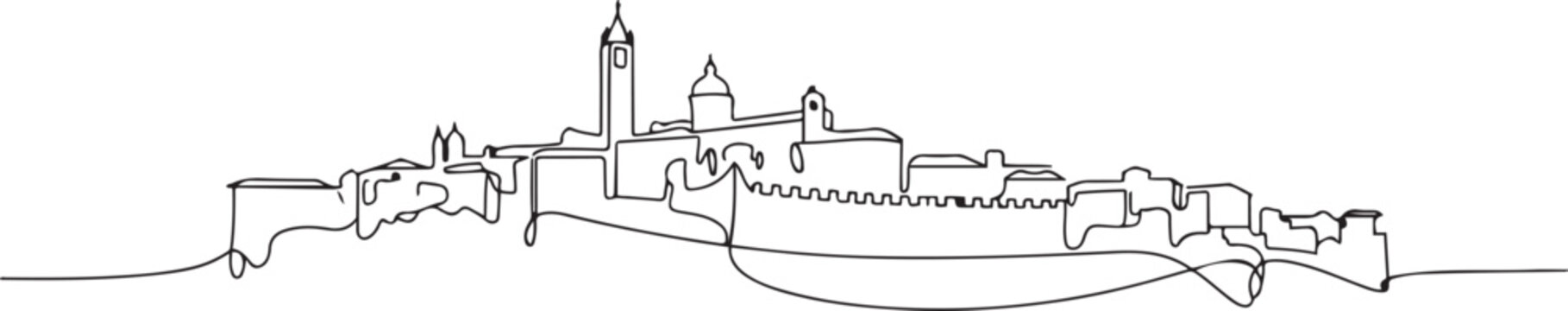 Single continuous line drawing Bergamo city skyline, Italy. Historical town landscape in world. Best holiday destination wall decor. one line Icon drawing