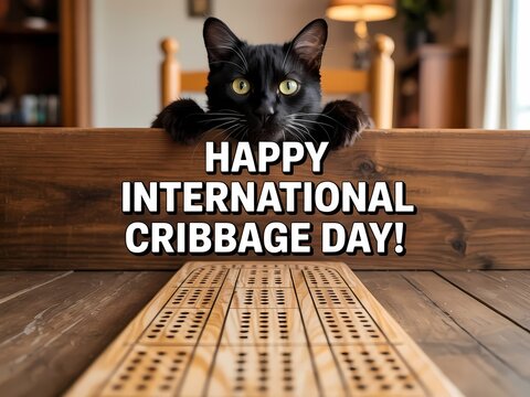 Black cat peeking over wooden board with cribbage game on table