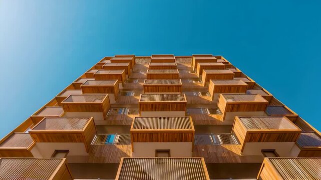 Modern residential apartment building with geometric balconies rising against clear blue sky showing urban architecture and vertical design