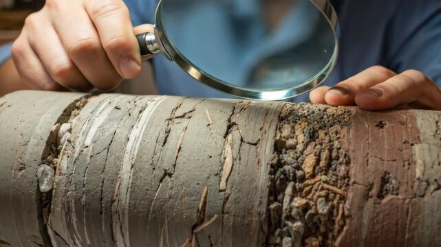 Geologist man analyzing soil core sample with magnifying glass. Earth science research. Core drilling for environmental study.