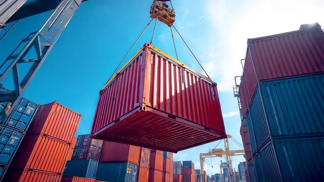 Cargo container being lifted by crane at busy port terminal showing global logistics freight handling and international trade operations
