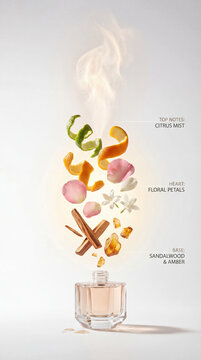 Luxury Perfume Notes Concept with Citrus, Floral and Sandalwood Ingredients