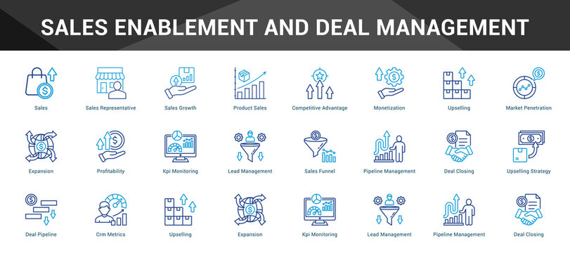 Sales Enablement And Deal Management Cohesive set of minimalist vector icons representing key ideas with visual clarity