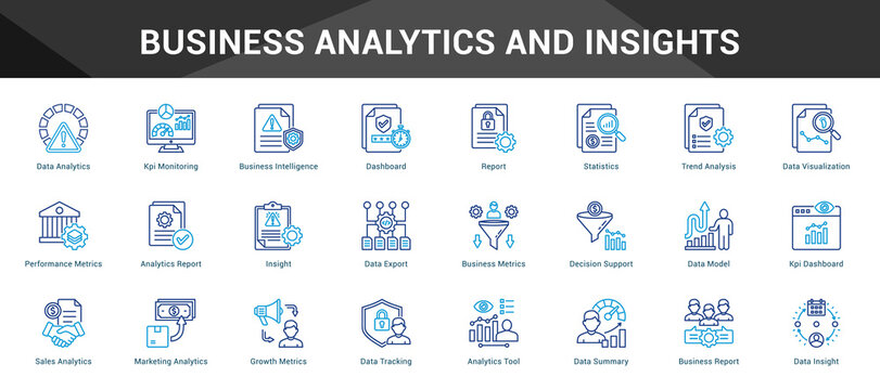 Business Analytics And Insights Cohesive set of minimalist vector icons representing key ideas with visual clarity