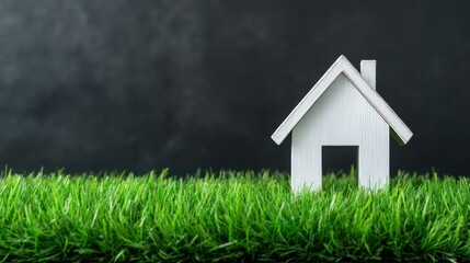 White wooden house model on vibrant green grass with dark background