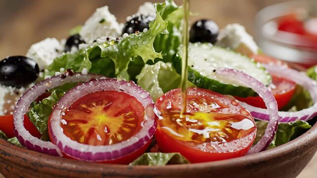 A closeup shot of a vibrant and healthy Greek salad featuring crisp lettuce juicy tomatoes red onions cucumbers black olives and crumbled feta cheese with olive oil being drizzled over the fresh ingr.