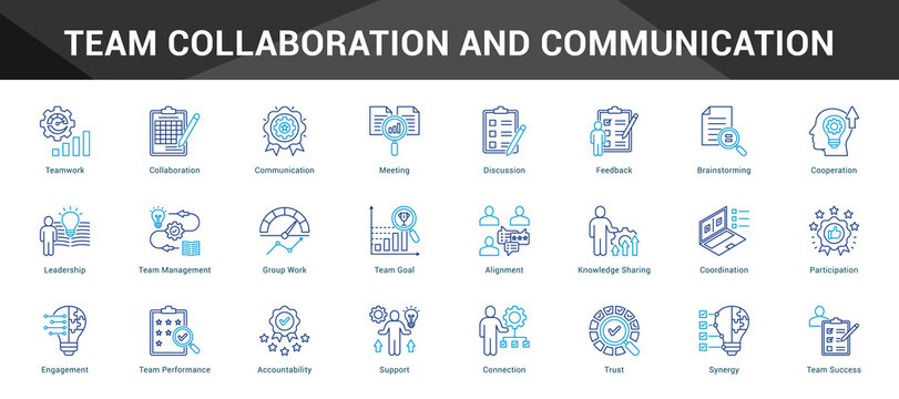 Team Collaboration And Communication Cohesive set of minimalist vector icons representing key ideas with visual clarity