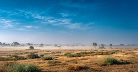 Obraz premium Serene Open Landscape in the Morning Mist Under a Clear Blue Sky