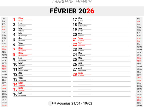 February 2026 Calendar Page with Italian Saints, Holidays and Aquarius Zodiac Sign