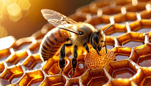 Biene auf goldener Honigwabe im Sonnenlicht