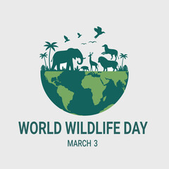 World wildlife day design showing silhouettes of wild animals standing together on top of the world globe march 3