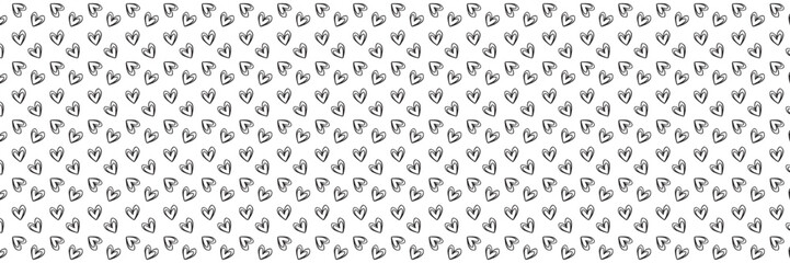 Black heart seamless pattern. Black and white ink brush hearts hand drawn ornament.