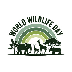 World wildlife day design with savanna animals silhouettes under green rainbow arch
