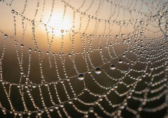 Macro photograph of fresh green grass blades covered in sparkling dew drops glistening in the warm morning sunlight