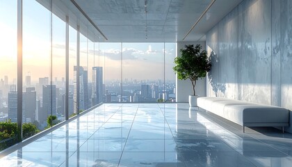 Modern Interior with City View: A modern interior with panoramic glass windows framing a captivating cityscape, exuding a sense of openness and contemporary design. 
