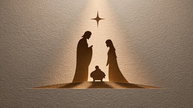Peaceful Holy Family silhouette art in ivory & gold tones, soft flat shapes w/ warm glow from a star above, minimal design, soft light paper texture background, sacred modern wall art style