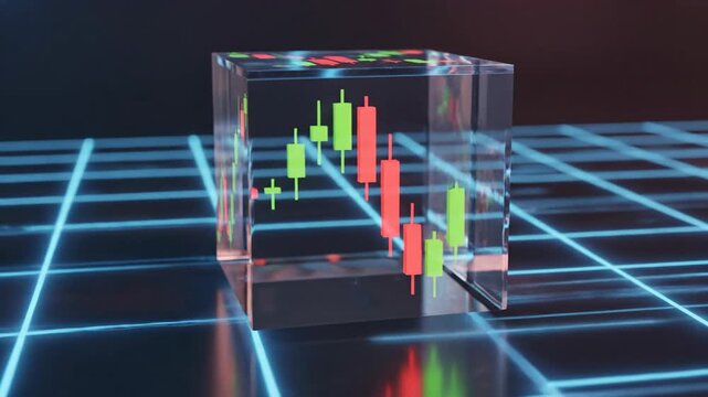 Abstract candlestick chart in glass cube for finance visualization