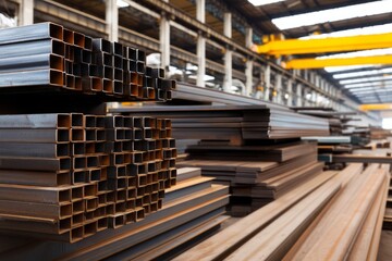Fototapeta premium Steel Stockpiles Inside a Warehouse for Building Materials and Construction