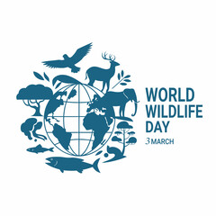 World wildlife day banner with global silhouettes and diverse animal species