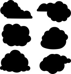 Variety of six solid black cloud shapes displayed on a transparent grid, versatile for use in weather graphics, application interfaces, or creative media