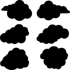 Series of six distinct black cloud silhouettes on a clear transparent background, suitable for illustrating weather phenomena or design projects