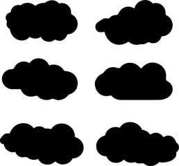 Collection of black silhouette clouds isolated on transparent grid background for weather concept design and graphic elements for illustration