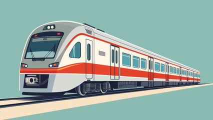 Fototapeta premium Modern train traveling on tracks with vibrant red and white design