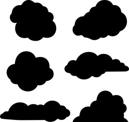 Collection of black silhouette clouds isolated on transparent grid background for weather concept design and graphic elements for illustration