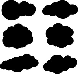 Minimalist black cloud silhouettes collection for mobile app interface design or weather forecast icons and simple nature vector graphics isolated on checkered transparent pattern