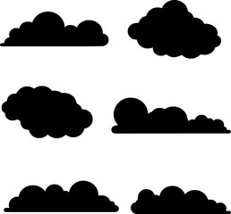 Fluffy black cloud silhouettes set for sky composition and weather application icons or outdoor landscape design elements and meteorological symbols on transparent grid background