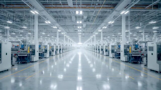 Bright automated manufacturing facility with rows of machines and reflective floor showing large scale production efficiency and industrial precision